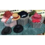Three ladies hat boxes with various hats, to include Jenny Edwards Moss, Mad Hatters, Bermona, a