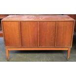 A mid-century vinyl cupboard, with double folding doors, labelled 'record housing', 91cmW