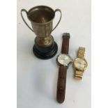 A small silver trophy cup together with a Seiko selfdater 24 j gents wristwatch (winder missing);