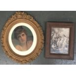 A 19th century mezzotint of a young woman in ornate oval giltwood frame, 23x19.5cm; together with