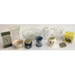 A mixed lot to include a Poole pottery dish; Wedgwood Jasperware; Westclox clock; glass vases etc