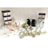 A mixed lot of glass and ceramics to include 7x boxes of Queensway shot glasses, Villeroy & Boch