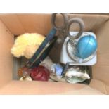 A mixed lot to include Harrods handbag, teddy bear, butter churn, large shears, horn, Orchidee