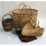 Two wicker baskets with one other, a small carpet bag and a hanging metal basket