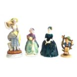 Four ceramic figurines, Royal Doulton 'Cherie'; pseudo-meissen figure of girl with doves and lamb,