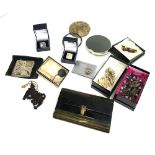 Mixed lot including a Vanity Fair compact, manicure set, 2 bead necklaces, enamel bangle, stamp
