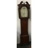 An oak cased longcase clock, broken pediment, painted dial, with Arabic numerals and two