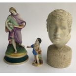 A Meissen style figure of a boy with brush and palette (af), one other figure and a bust of a