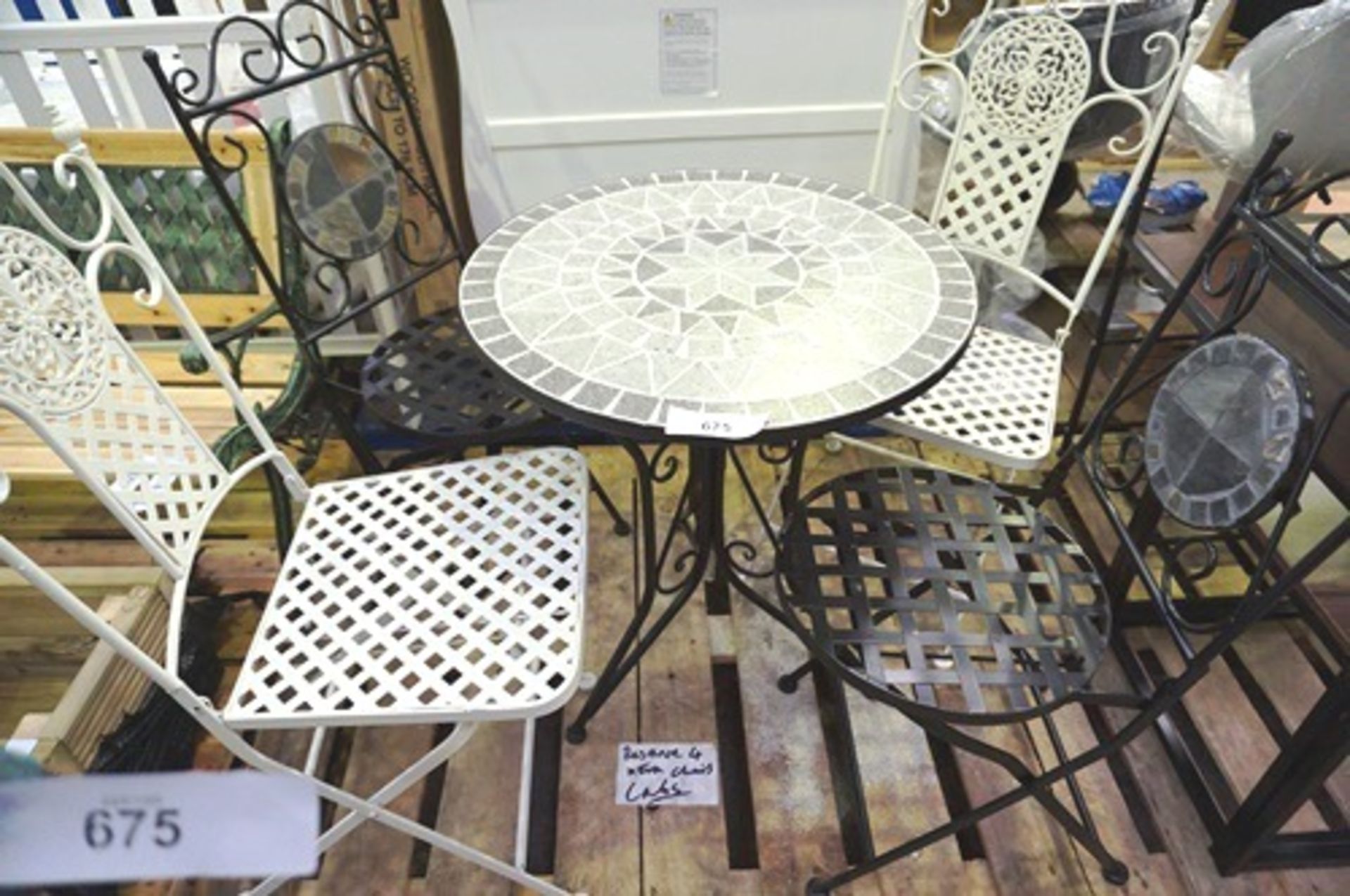 2 x black mosaic garden chairs and table together with 2 x white metal folding garden chairs -