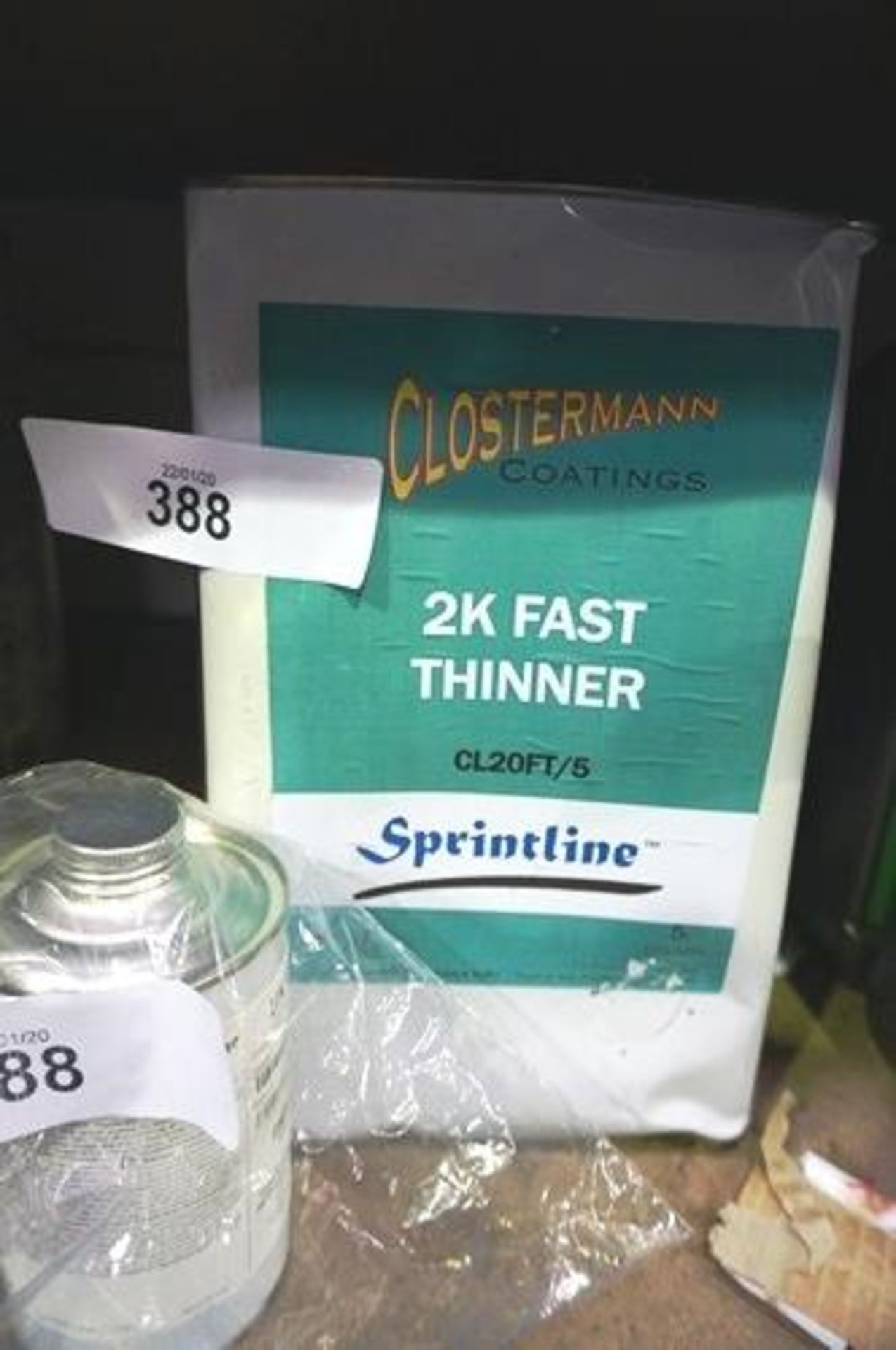 2 x 5ltr Closterman Coating 2K fast thinner together with 1 x box of empty tins, 0.41kg tin of