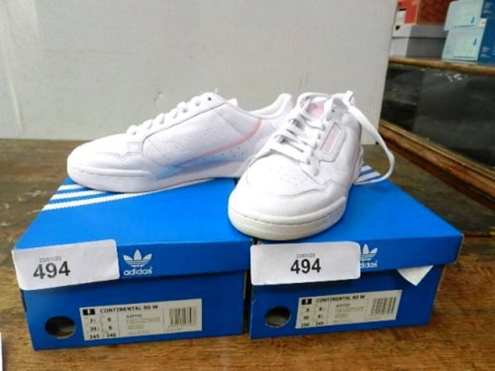 2 x pairs Adidas Continental 80W trainers, 1 x pairs size 6.5 and 1 x pair size 6 - New (table)