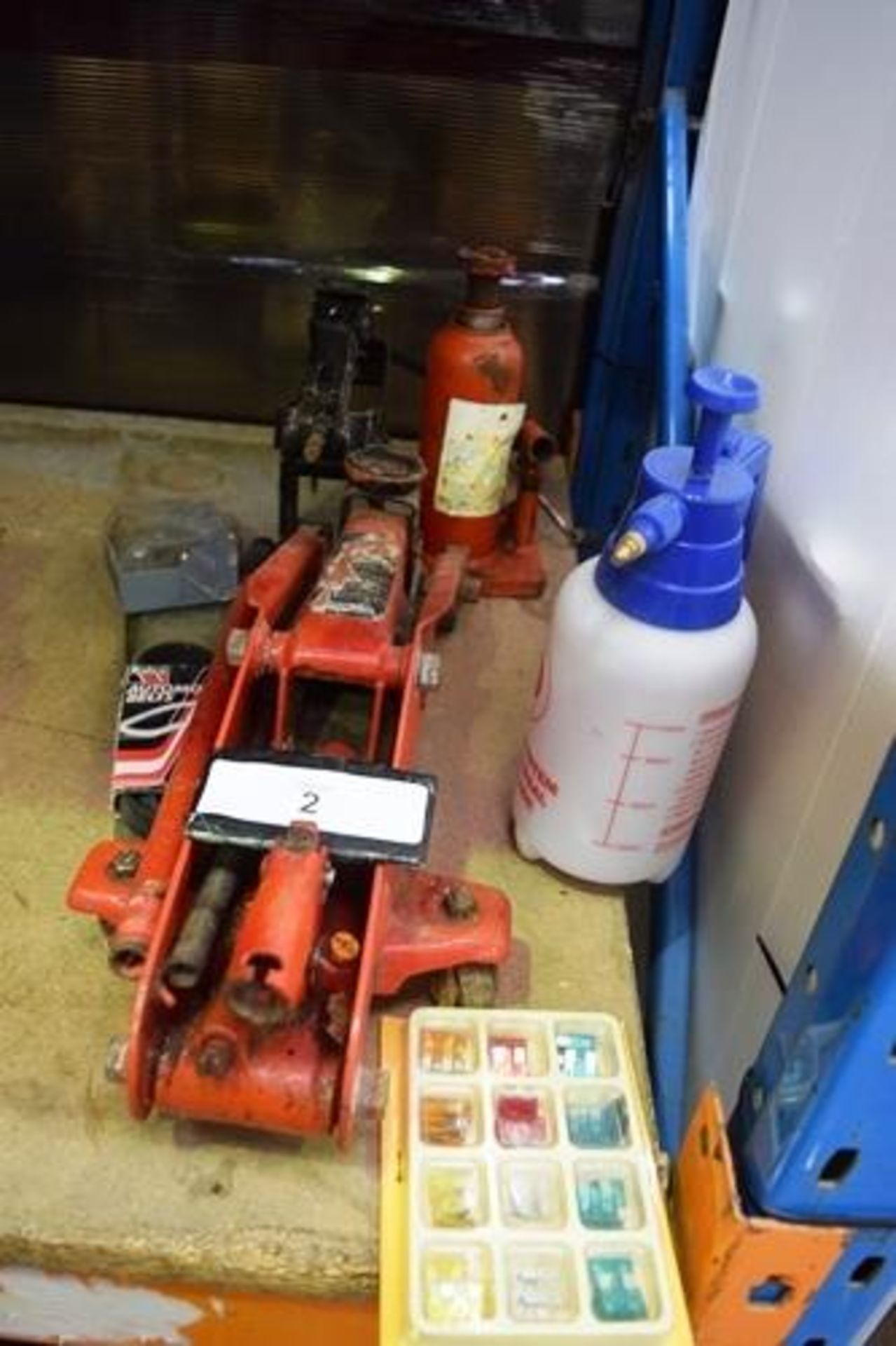 Assorted auto equipment including Sealey trolley jack, bottle jack, wheel jack, spares etc. -
