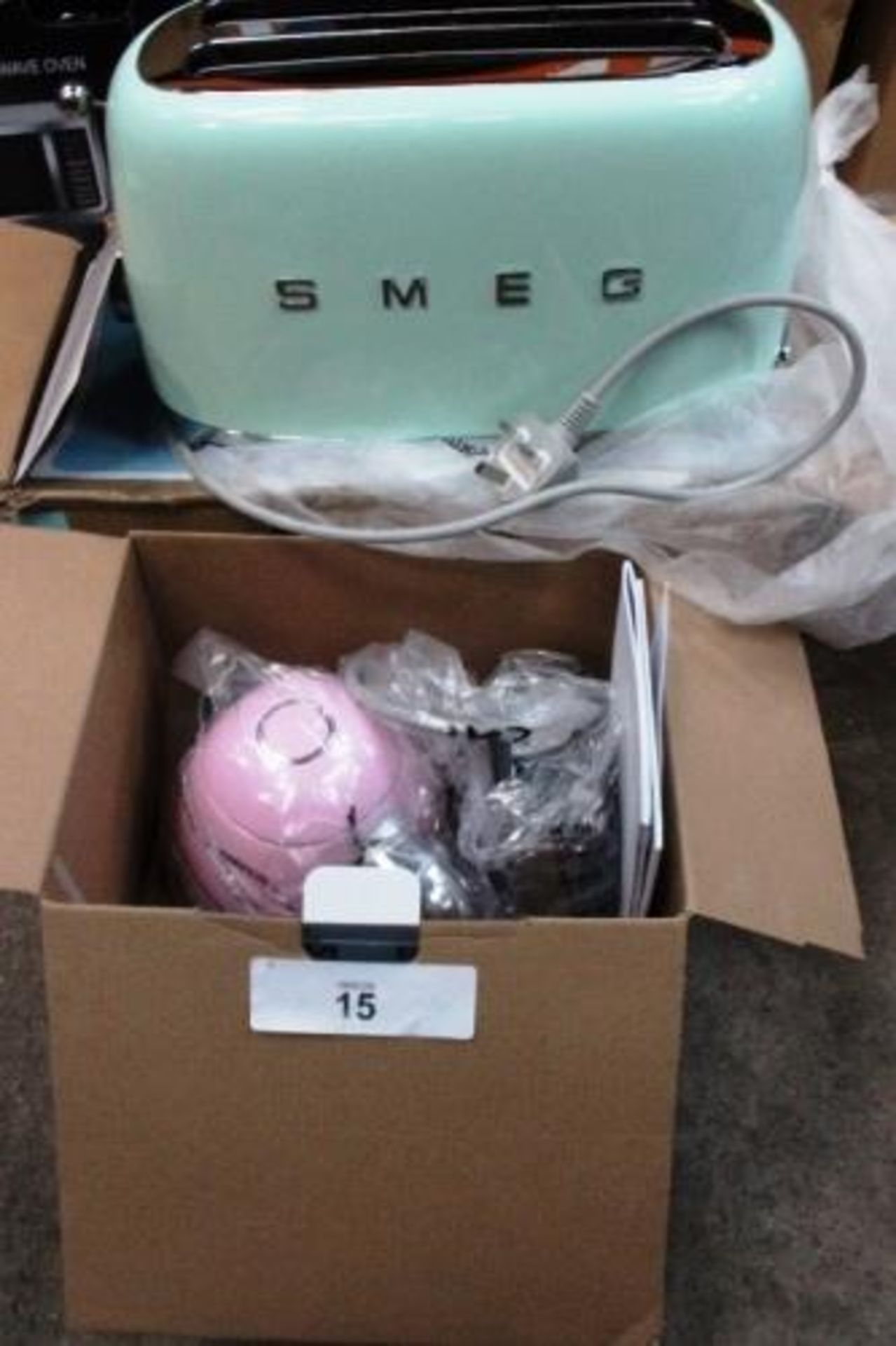 1 x Smeg pink kettle, new in box, together with 1 x mint green 4 slice toaster, model KLF04PKUK