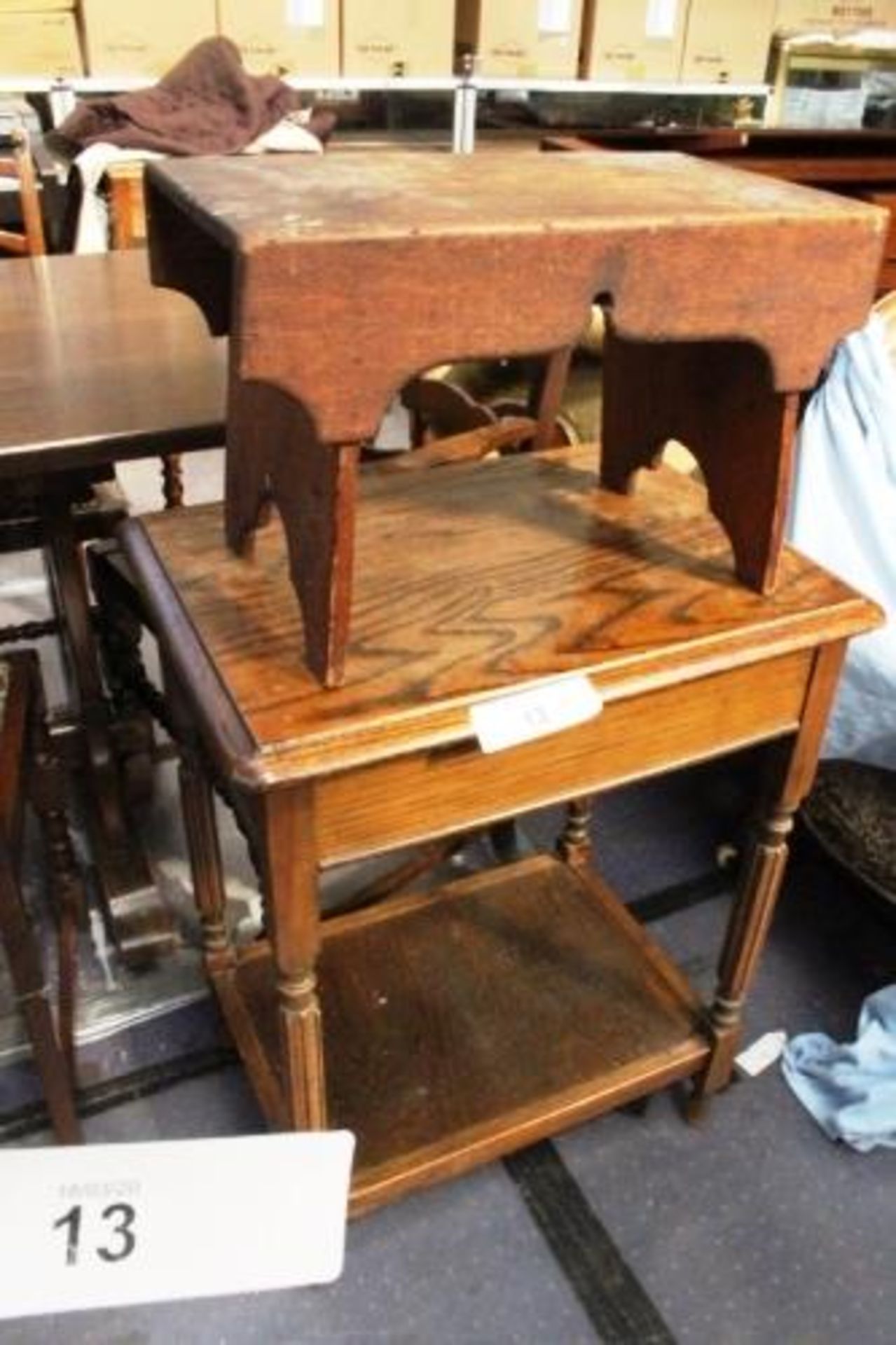 Rectangular oak side table with under tray, 23"(W) x 17"(D) 28"(H) and a panel end rectangular stool