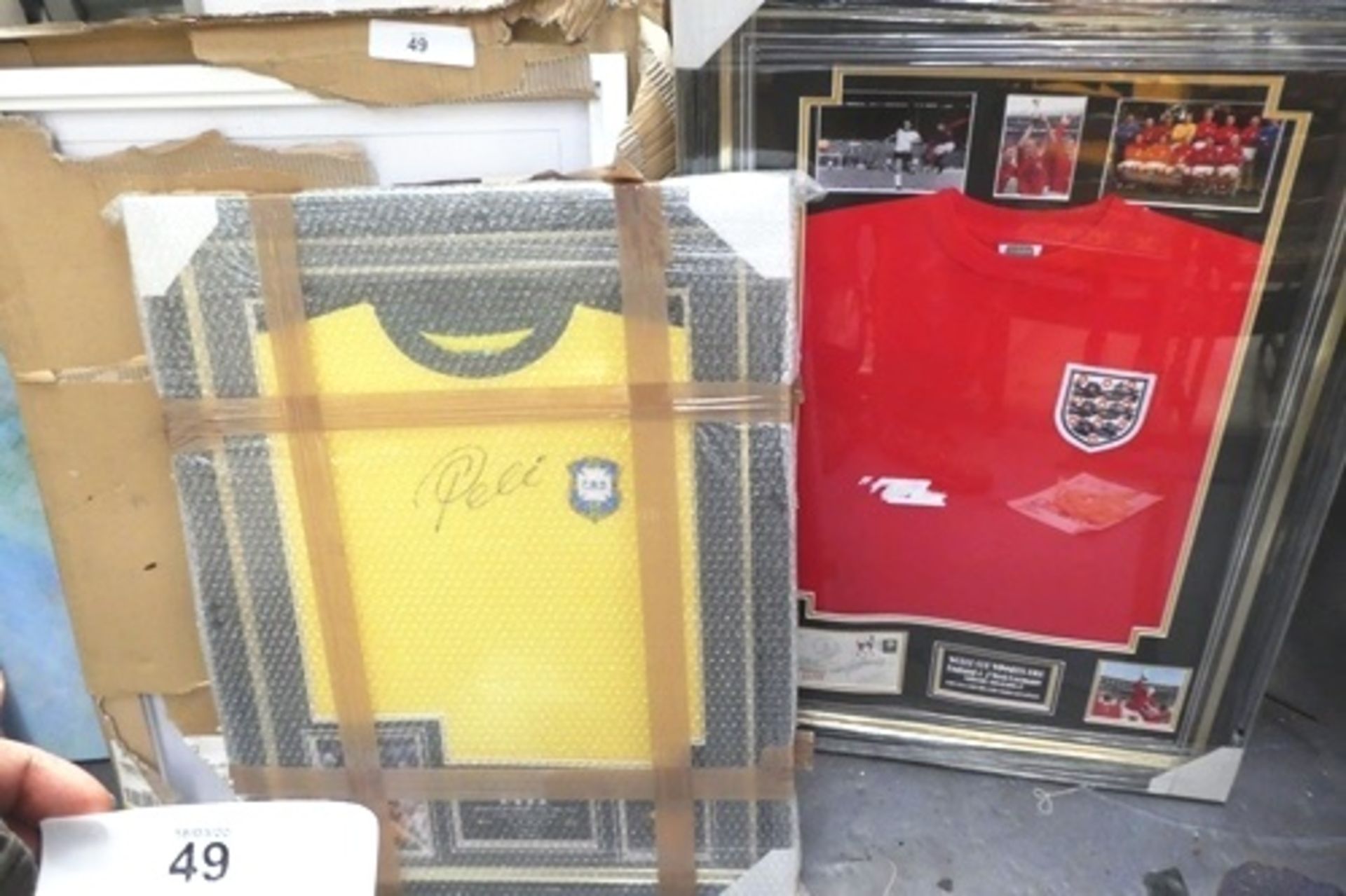A framed World Cup Winner 1966 shirt and photographs, 1 x frame Pele shirt and photographs,1 x empty
