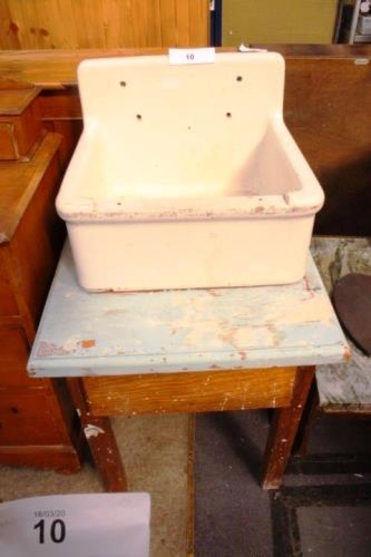 A pottery wash basin set on a part painted pine table, with single drawer basin, size 48 x 40 x - Image 2 of 2