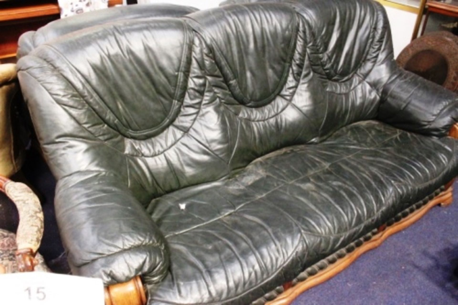 A continental oak framed green leather upholstered 3 seater settee and 2 x matching arm chairs (FS) - Image 2 of 2