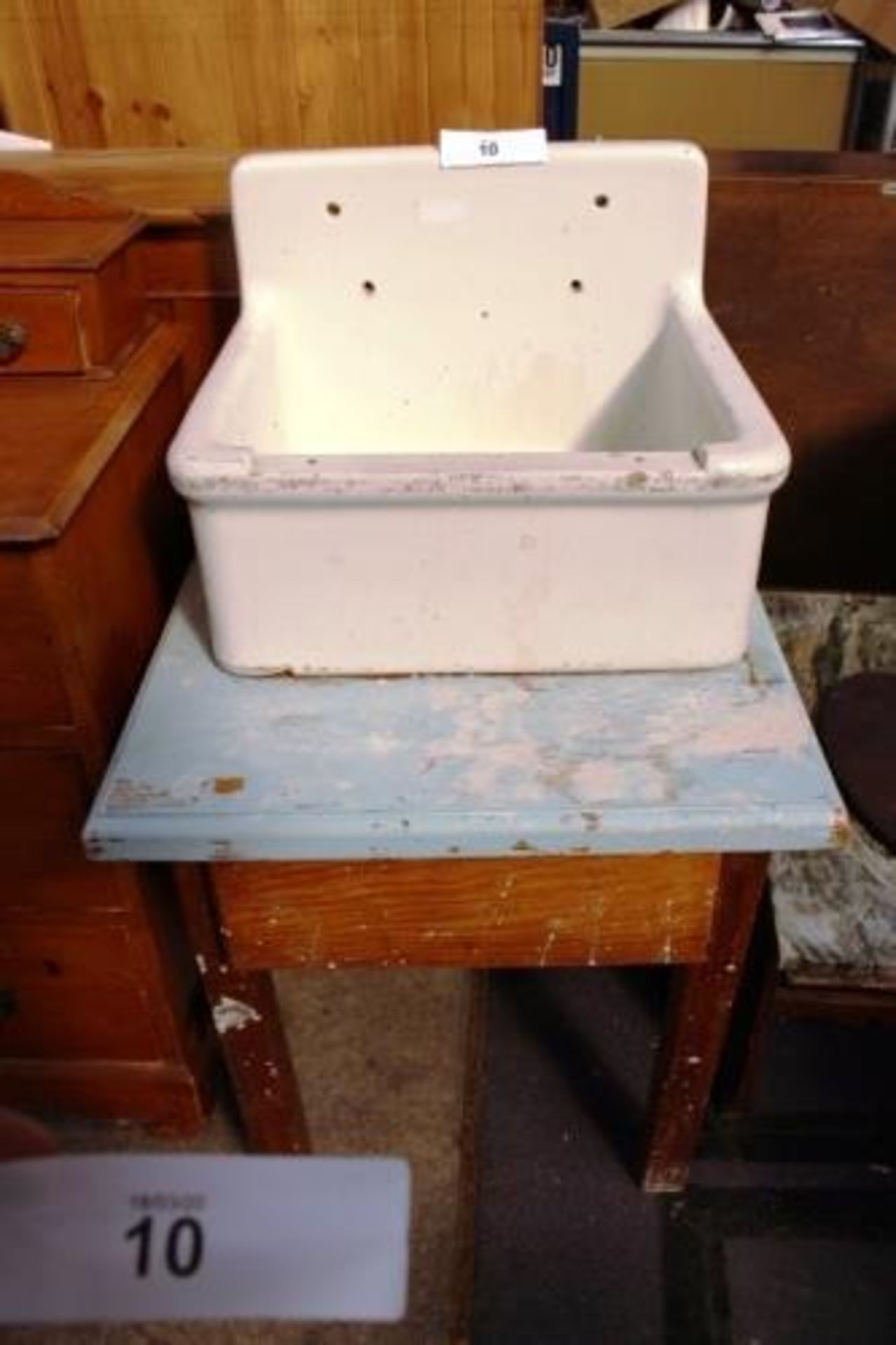A pottery wash basin set on a part painted pine table, with single drawer basin, size 48 x 40 x