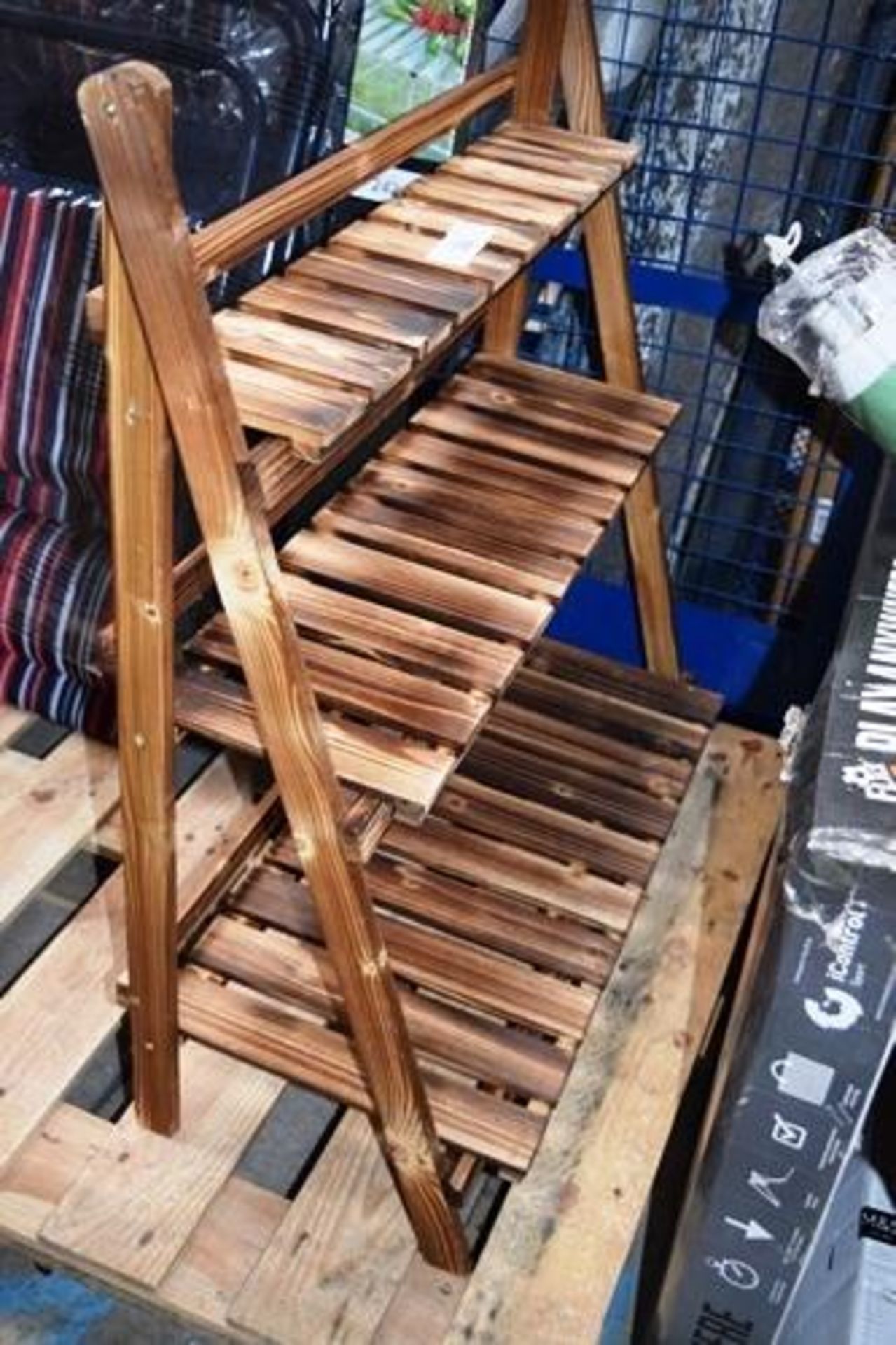 Wooden folding 3 tier stand, 800mm(W) x 930mm(H) x 370mm(D) and 2 x Vitavia 4' folding staging - New - Image 2 of 2