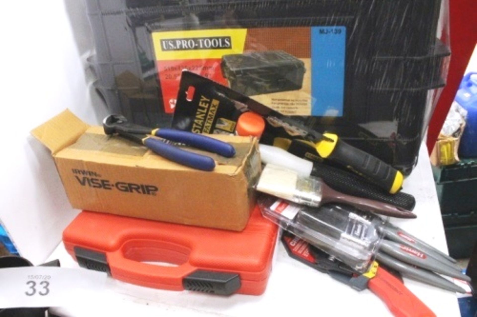 A selection of hand tools including 4 x Urwin vice grip, Fat Max plasterboard saw, Thor plastic