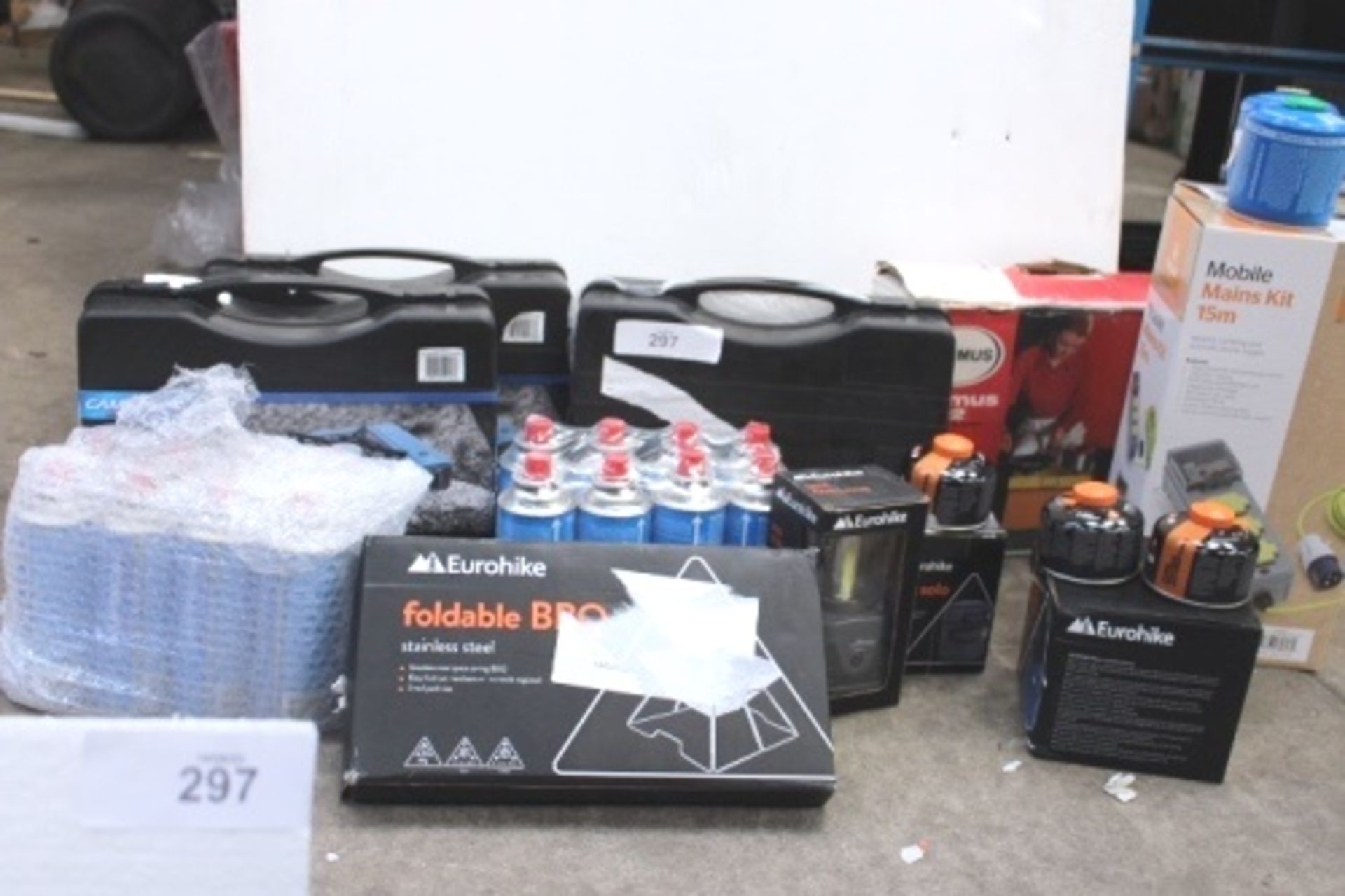 A quantity of camping items including Eurohike folding BBQ, kettle, cob lantern, Solo cook set, 2