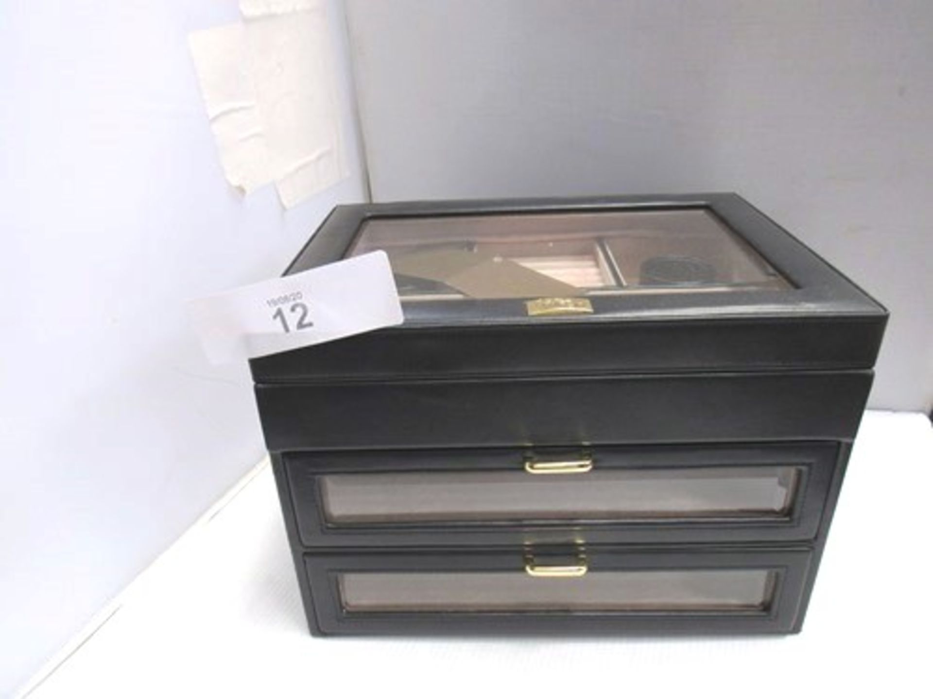 2 x Cordays jewellery cases, 1 x black, 1 x brown leather, 2 drawers, 1 top shelf - New (C6D)