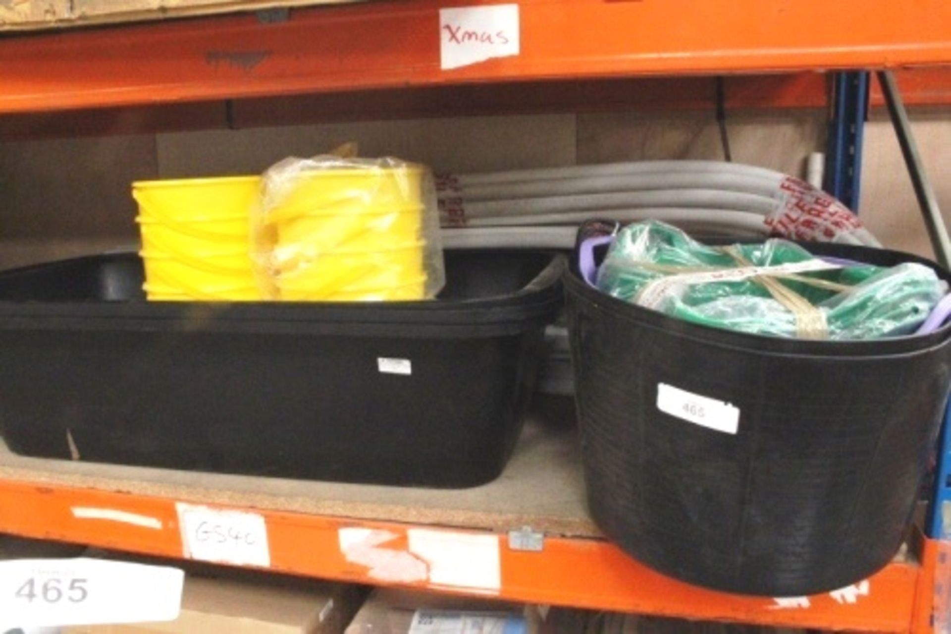 4 x black PVC plaster mix tubs, 2 x black tub trugs and 10 x yellow plastic sharp guard buckets (