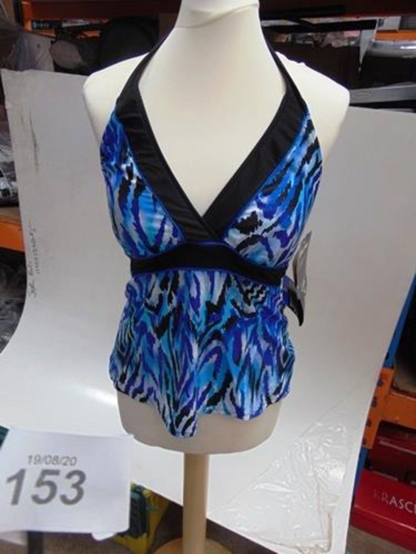 Ladies swimming items, mostly Kirkland, 19 x blue tops, size 12 and 3 x size 14, 13 black bottoms,