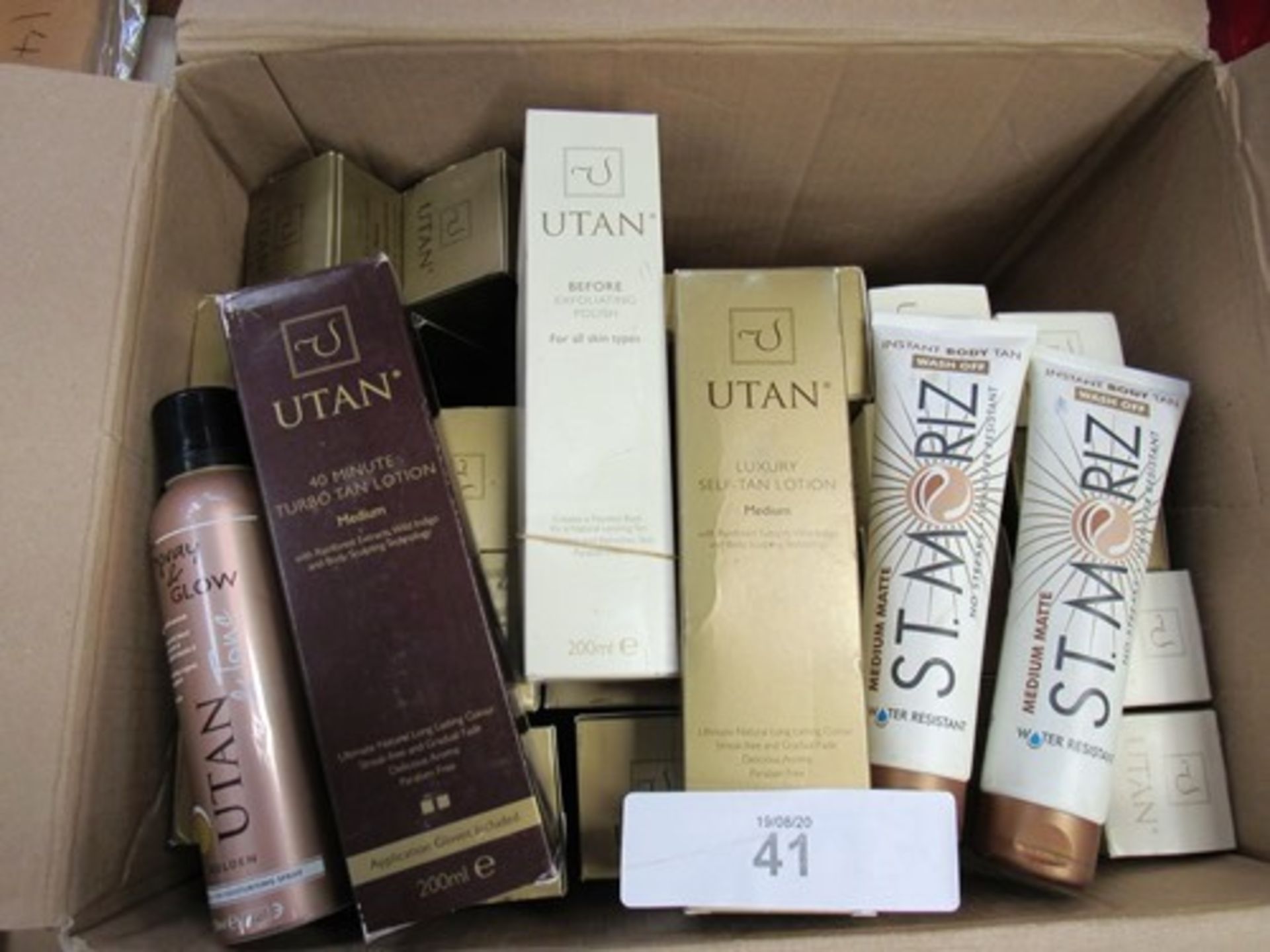 A quantity of Utan and St Moritz self-tan products including 20 x luxury self-tan lotion, medium,