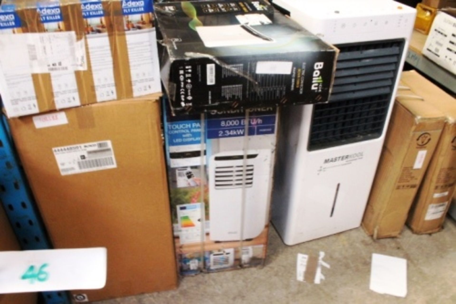 A quantity of heaters/air conditioning units, brands include Arlec, new, Master Kool, second-hand,