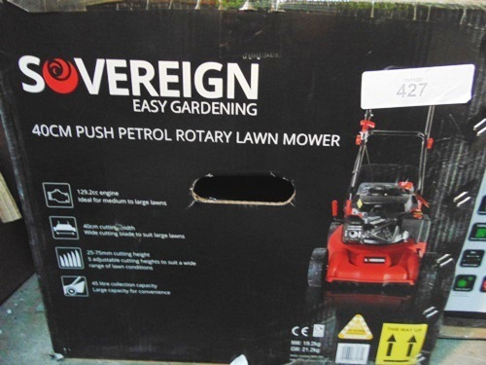 A Sovereign 40cm push petrol rotary lawnmower, together with a Sovereign 32cm 1000W push electric
