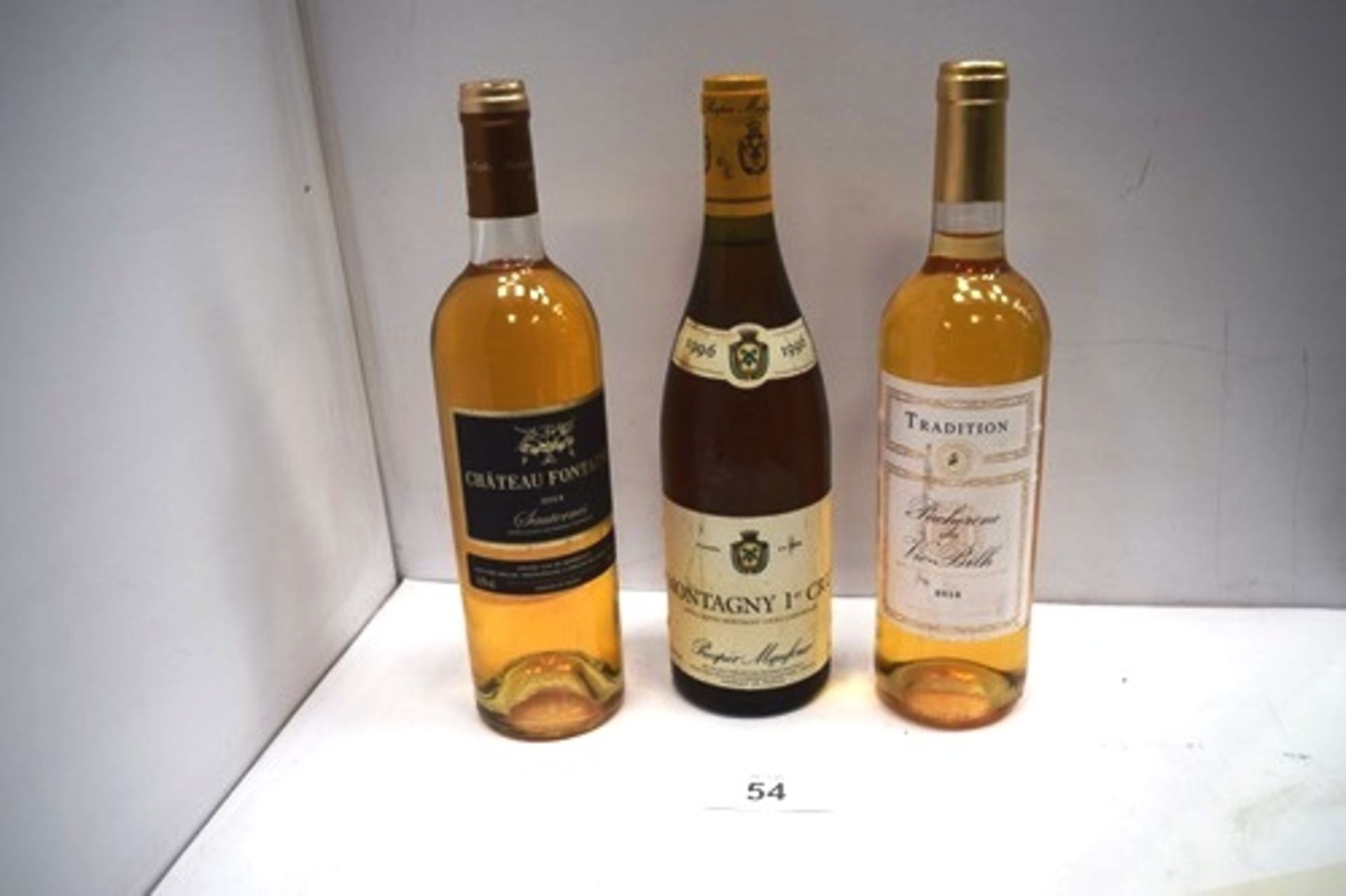 1 x 750ml bottle of Montagny 1er Cru 1996, 1 x 750ml bottle of Chateau Fontaine Sauternes 2014 and 1