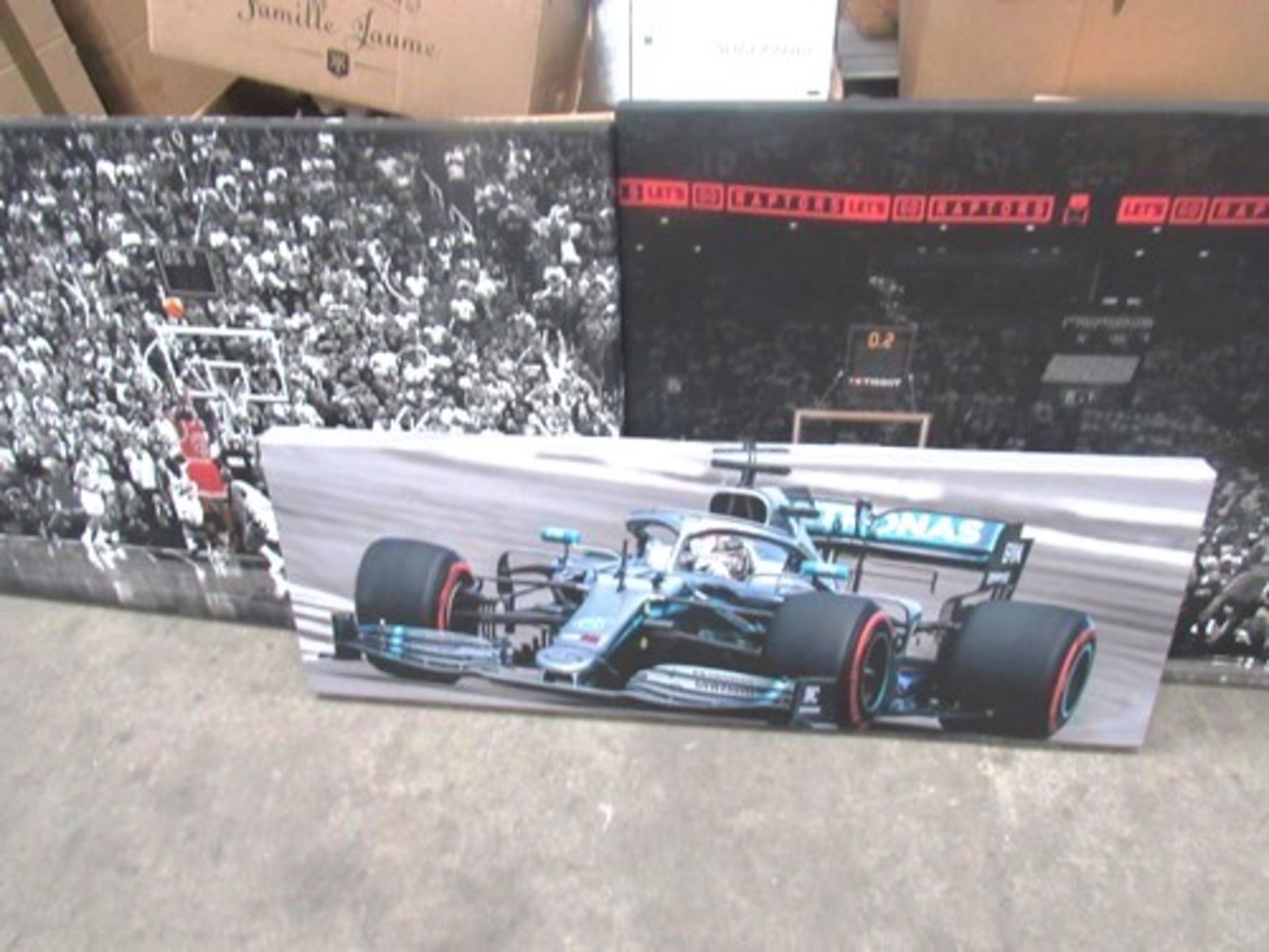 3 x Canvas Art with sporting themes, 2 x basketball and 1 x motor racing - New (cfloor)