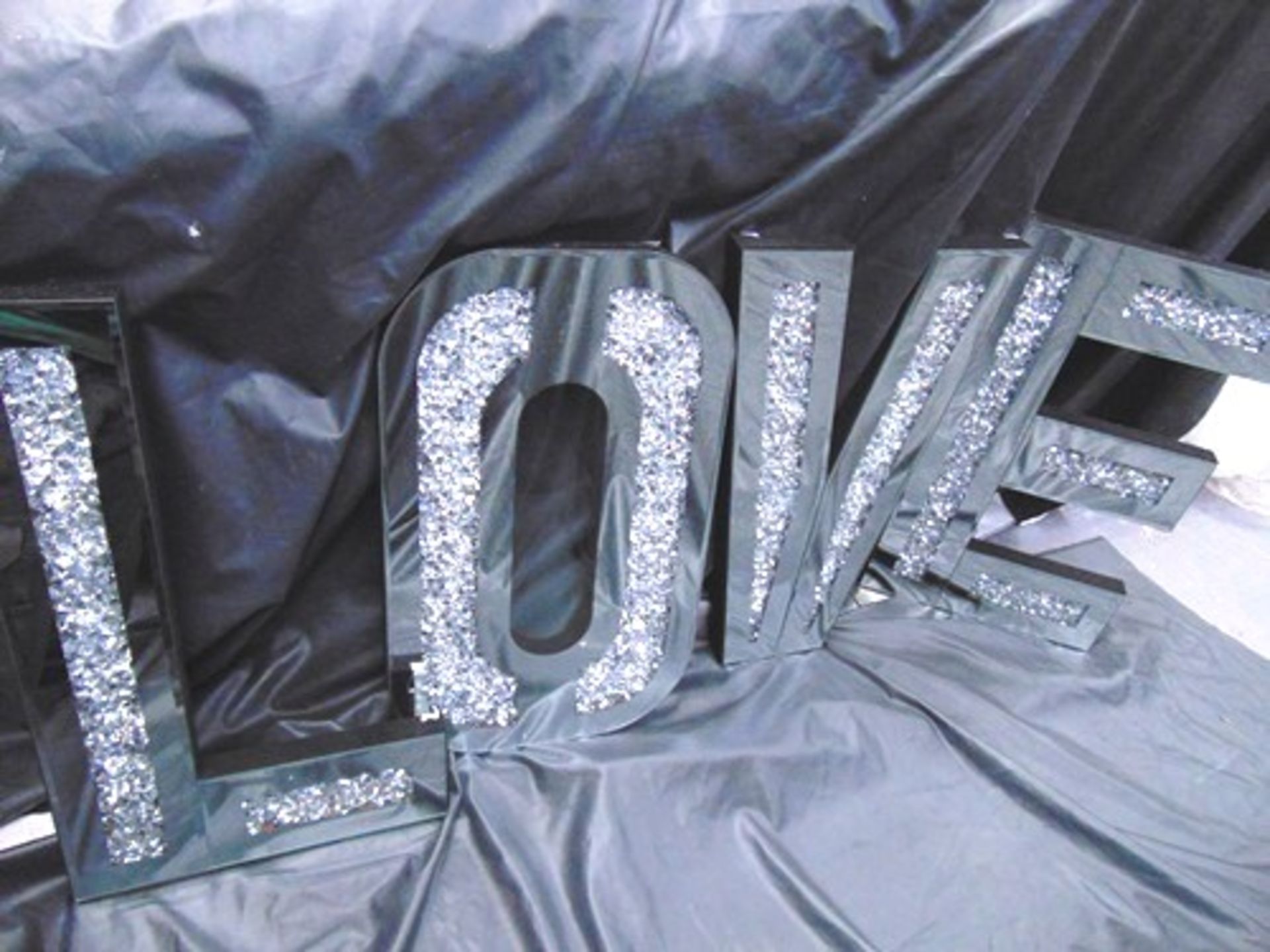 Crushed crystal mirrored LOVE letters with hooks for hanging, each letter is 30cm wide, 50cm high