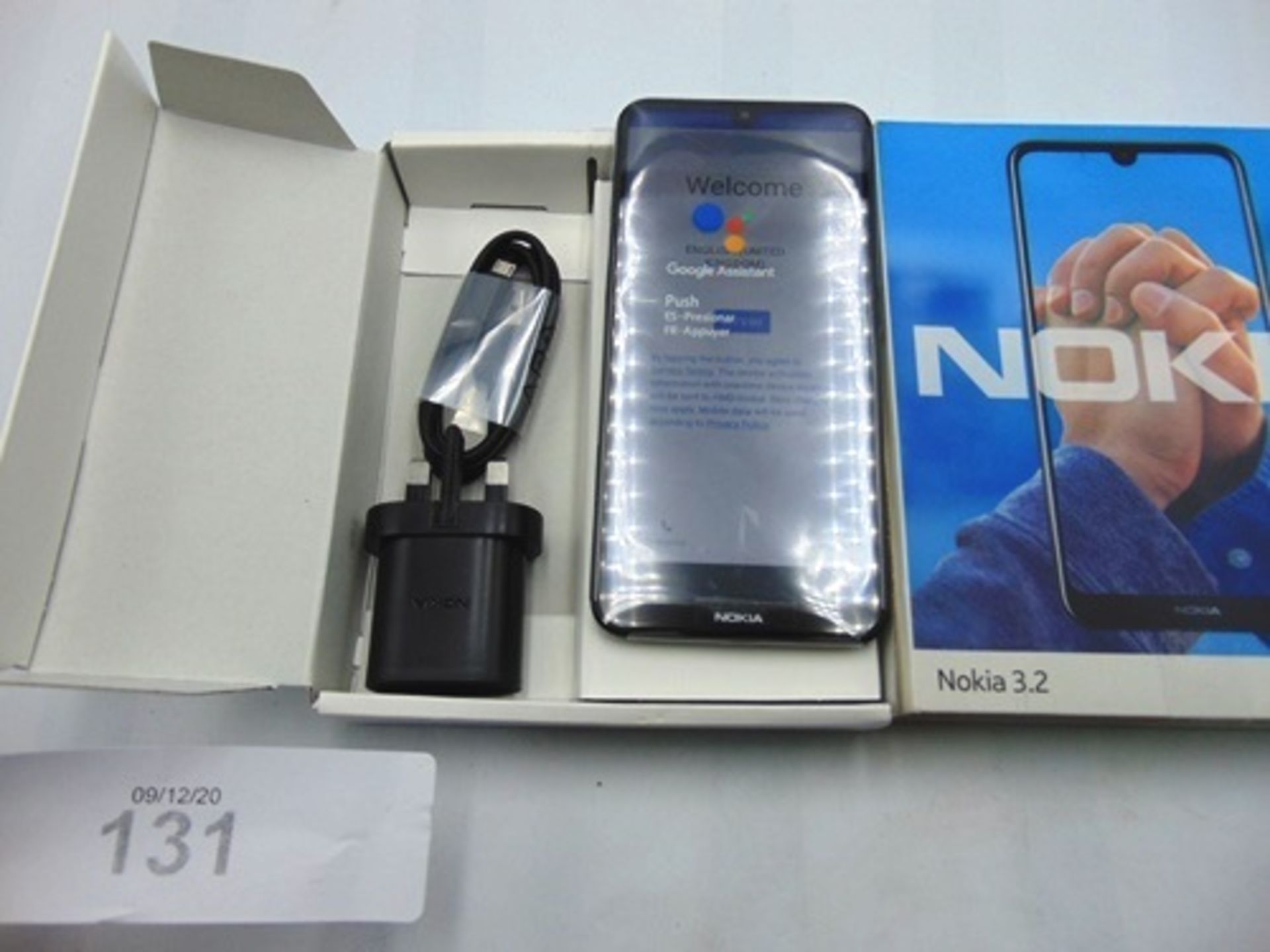 A black Nokia 3.2 smartphone, model TA-1156DS, 16gb, IMEI: 352907103166740 - New in box, box open.