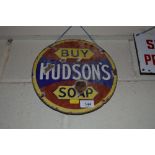 A circular enamel "Hudson's Soap" advertising sign