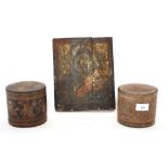 An Antique painted wooden Icon and two oriental pa