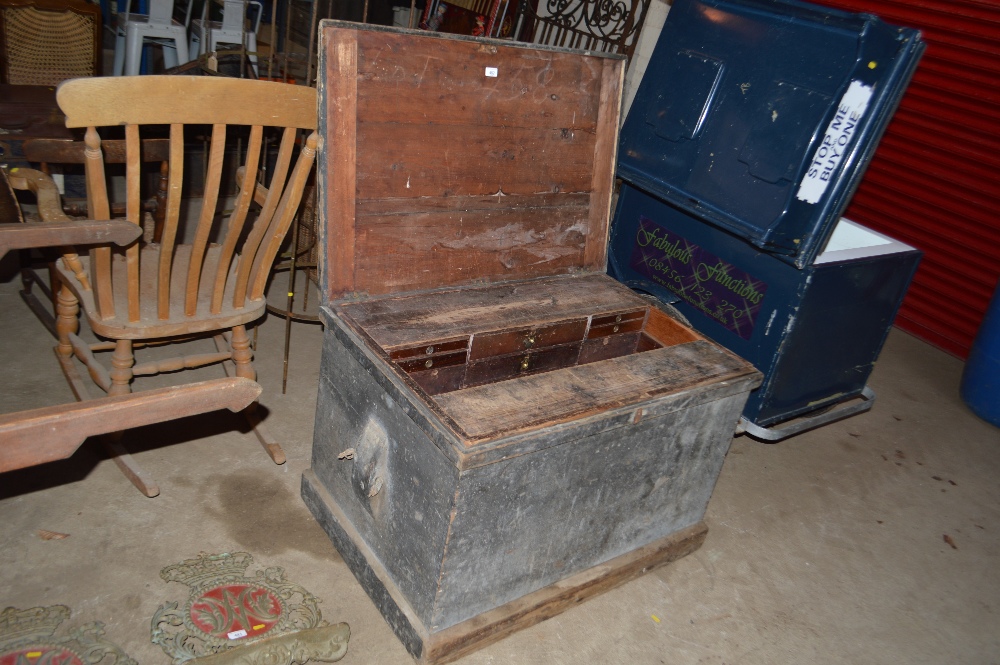 A large wooden Carpenter's toolbox with interior d