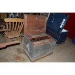 A large wooden Carpenter's toolbox with interior d