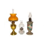 A Victorian opaque and enamelled glass oil lamp, A