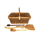 A vintage wicker basket and contents of four woode