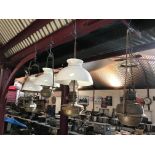 Three Victorian brass hanging oil lamps with opaque