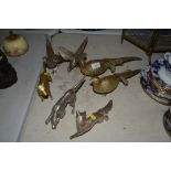 A pair of brass pheasant ornaments, two plated phe