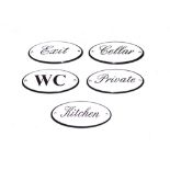 Five enamel room signs, W.C., Cellar, Kitchen, Pri