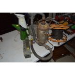 An old Hoover, galvanised scoop, enamel jug, oil c