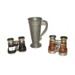 Two pairs of vintage opera glasses and a pewter pr