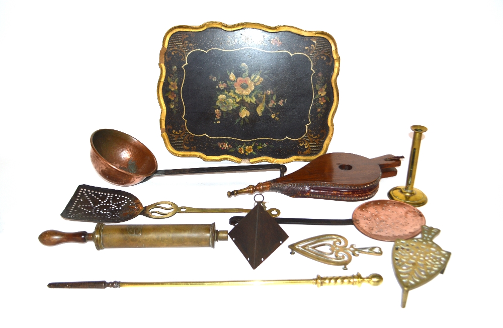 A box containing various Victorian brass and coppe