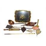 A box containing various Victorian brass and coppe