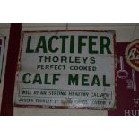 An enamelled "Thorley's Lactifer calf meal" advert