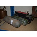 Two Ex Army fire extinguishers and a metal model c